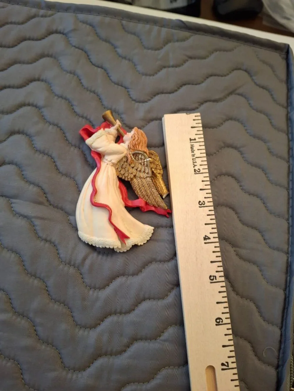 Vintage Flying Angel Trumpet Christmas Ornament Gold Wings Red Ribbon 4.5